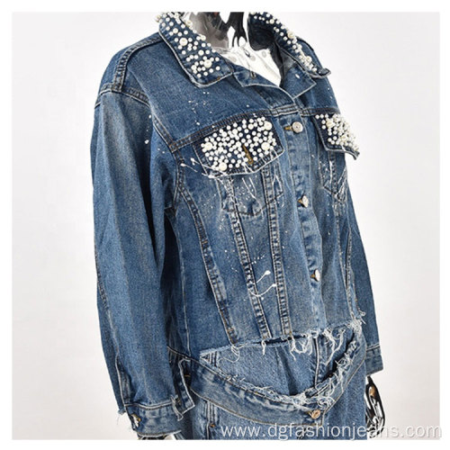 Women Pearl Beaded Denim Jacket Long Sleeve